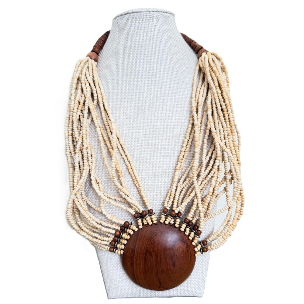 Multi Strand Wooden Bead Statement Necklace Large Oval Wood Centerpiece Boho De